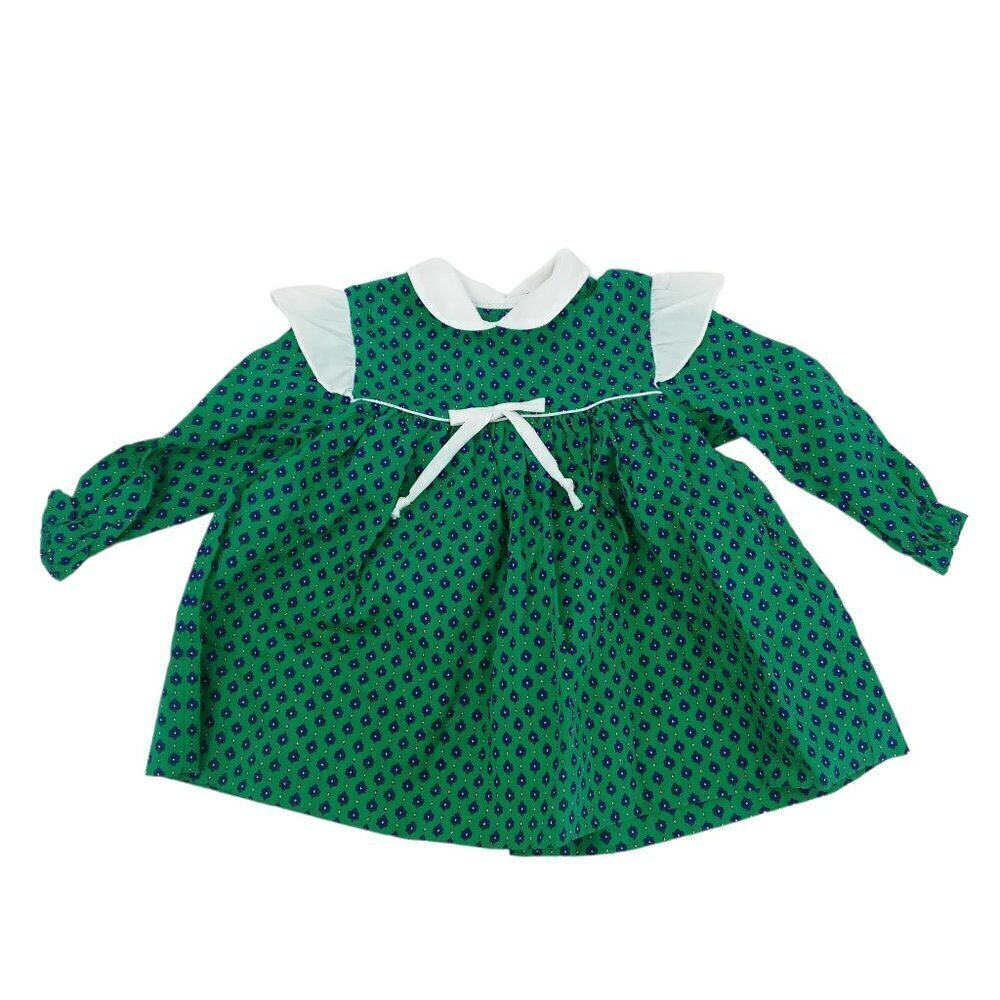 Vintage Sears Ruffle Collar Prairie Dress Size 20lbs 6-9 months Bow Floral Green